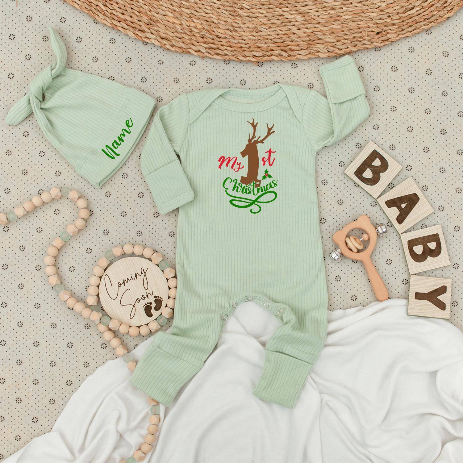 My 1st Christmas Baby Long Sleeve Romper with Reindeer Holly Design, Soft Newborn Festive Holiday Outfit for Boys and Girls, Custom Going Home Gift