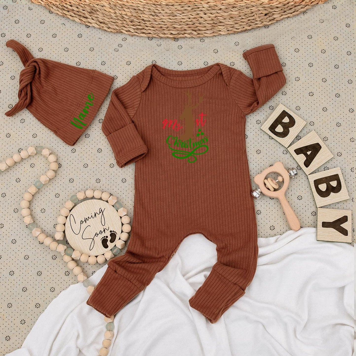My 1st Christmas Baby Long Sleeve Romper with Reindeer Holly Design, Soft Newborn Festive Holiday Outfit for Boys and Girls, Custom Going Home Gift