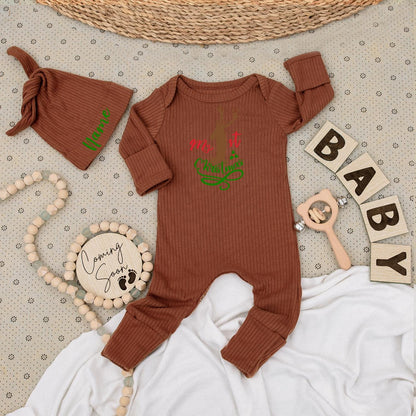 My 1st Christmas Baby Long Sleeve Romper with Reindeer Holly Design, Soft Newborn Festive Holiday Outfit for Boys and Girls, Custom Going Home Gift