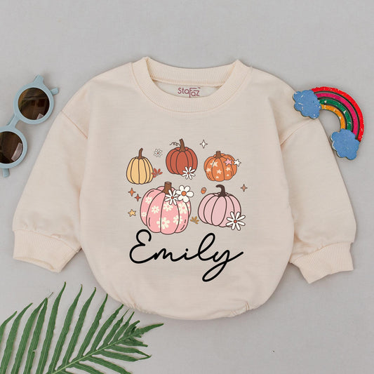 Custom Name Retro Pumpkin Romper: Baby's First Fall Thanksgiving Gift
