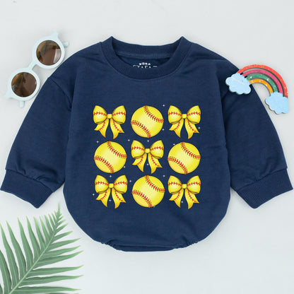 Retro Softball Bow Romper Baby Girl Outfit Yellow and Black Game Day Season Gift Natural Bubble Infant Clothing