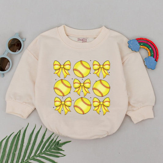 Retro Softball Bow Romper Baby Girl Outfit Yellow and Black Game Day Season Gift Natural Bubble Infant Clothing