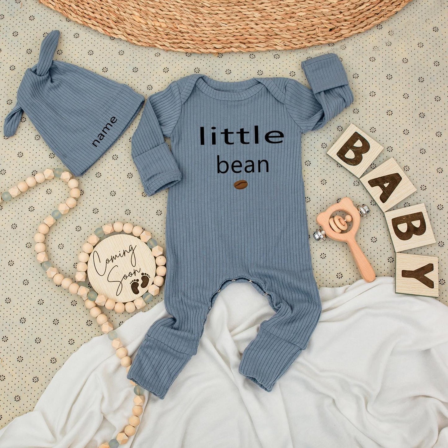 Little Bean Coffee Bodysuit and Hat Set Personalized Name Baby Gift Unisex Newborn Going Home Outfit Modern Minimalist