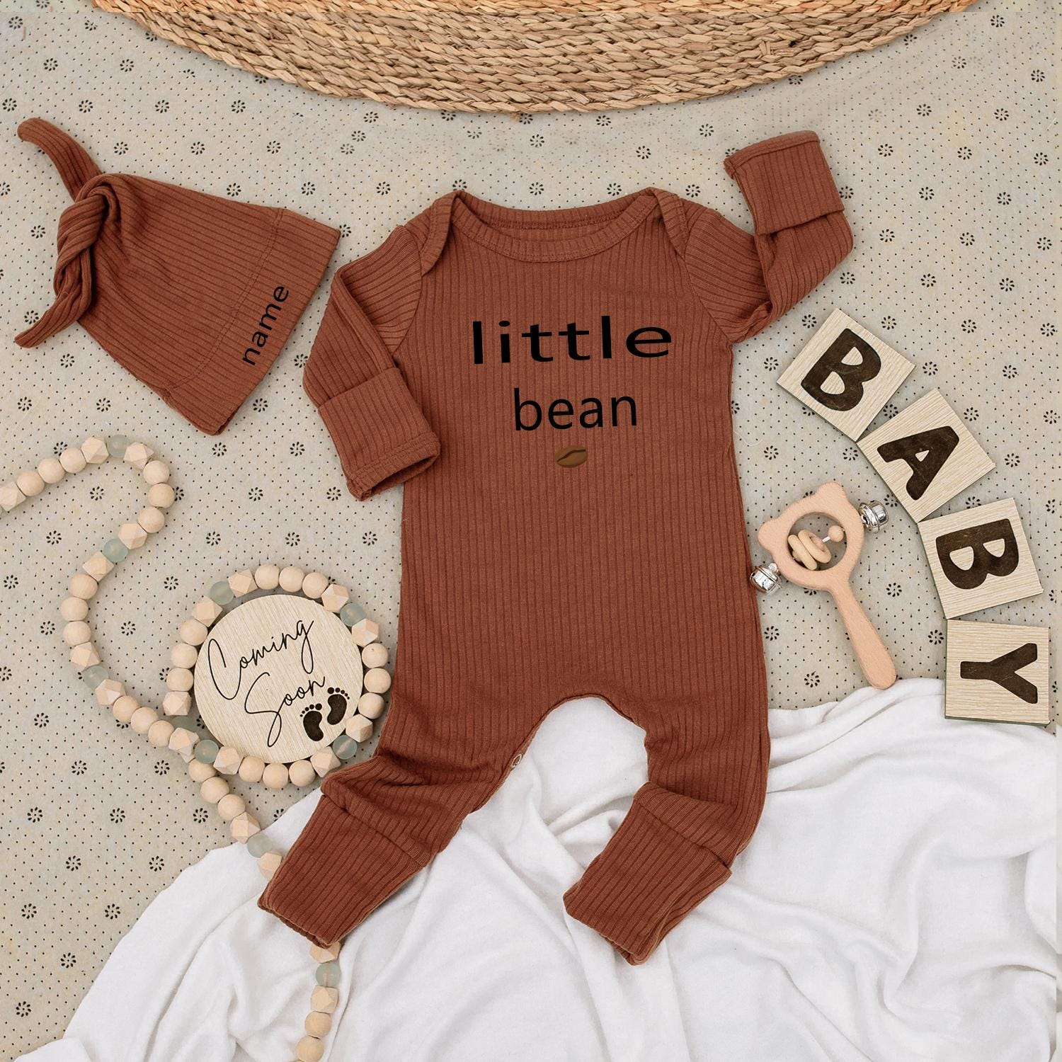 Little Bean Coffee Bodysuit and Hat Set Personalized Name Baby Gift Unisex Newborn Going Home Outfit Modern Minimalist