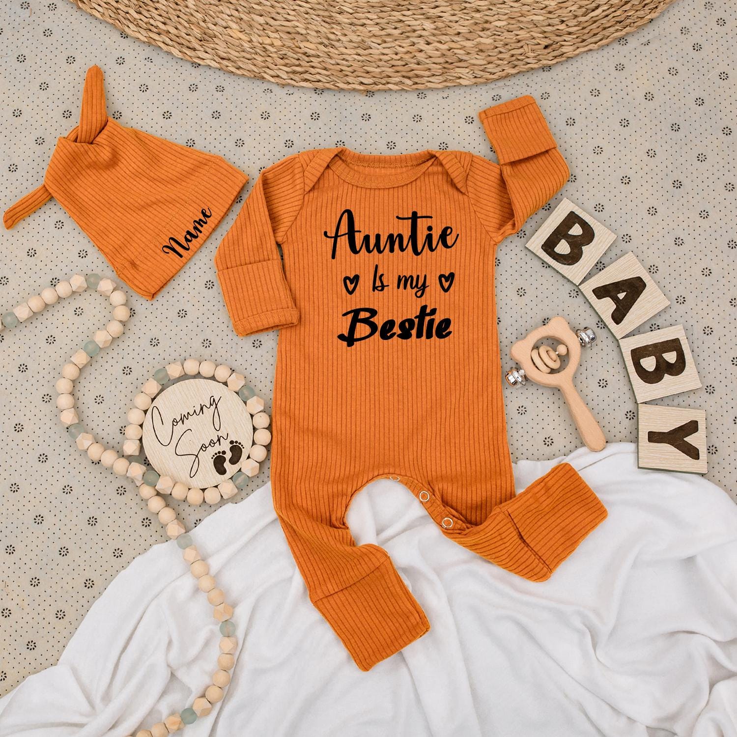 Auntie Is My Bestie Personalized Baby Bodysuit Hat Set with Name Black Heart Design Newborn Unisex Coming Home Outfit Keepsake