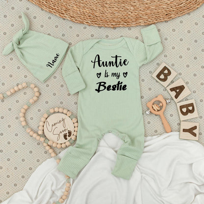 Auntie Is My Bestie Personalized Baby Bodysuit Hat Set with Name Black Heart Design Newborn Unisex Coming Home Outfit Keepsake