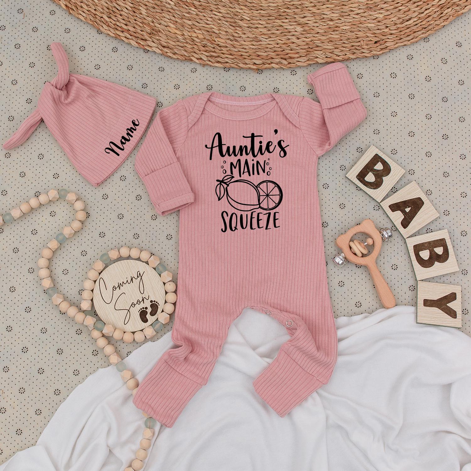 Auntie's Main Squeeze Baby Bodysuit & Hat Set, Personalized Name Infant Outfit Cute Lemon Design Going Home Gift, Baby Shower Present 135