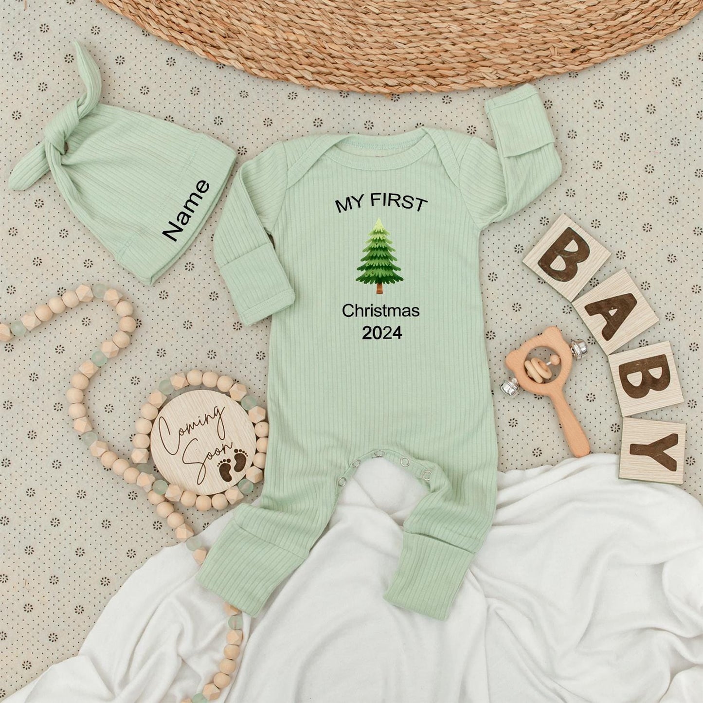 My First Christmas Baby Bodysuit & Hat Set Cute Green Tree Personalized Name Newborn 1st Xmas Outfit Unisex Gift 2024