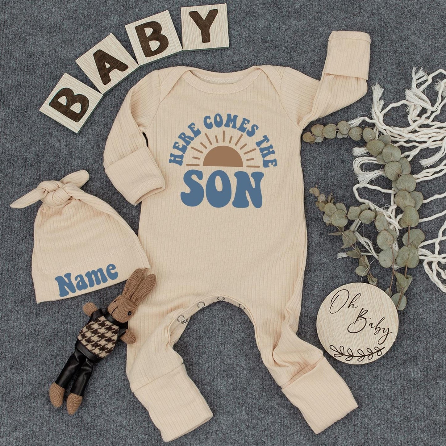Here Comes The Son Baby Boy Bodysuit - Retro Sun Design Newborn Outfit & Announcement Gift - Blue Block Text, Vintage Style Baby Shower Gift