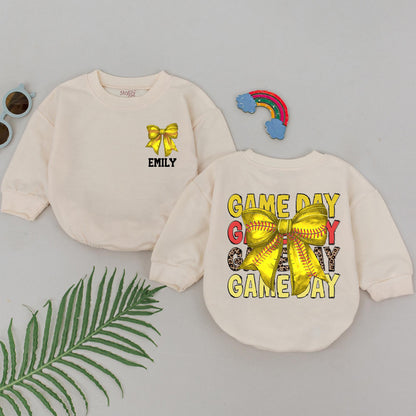 Softball Game Day Romper - Personalized Baby Outfit & Retro Bow