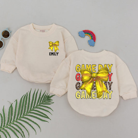 Softball Game Day Romper - Personalized Baby Outfit & Retro Bow