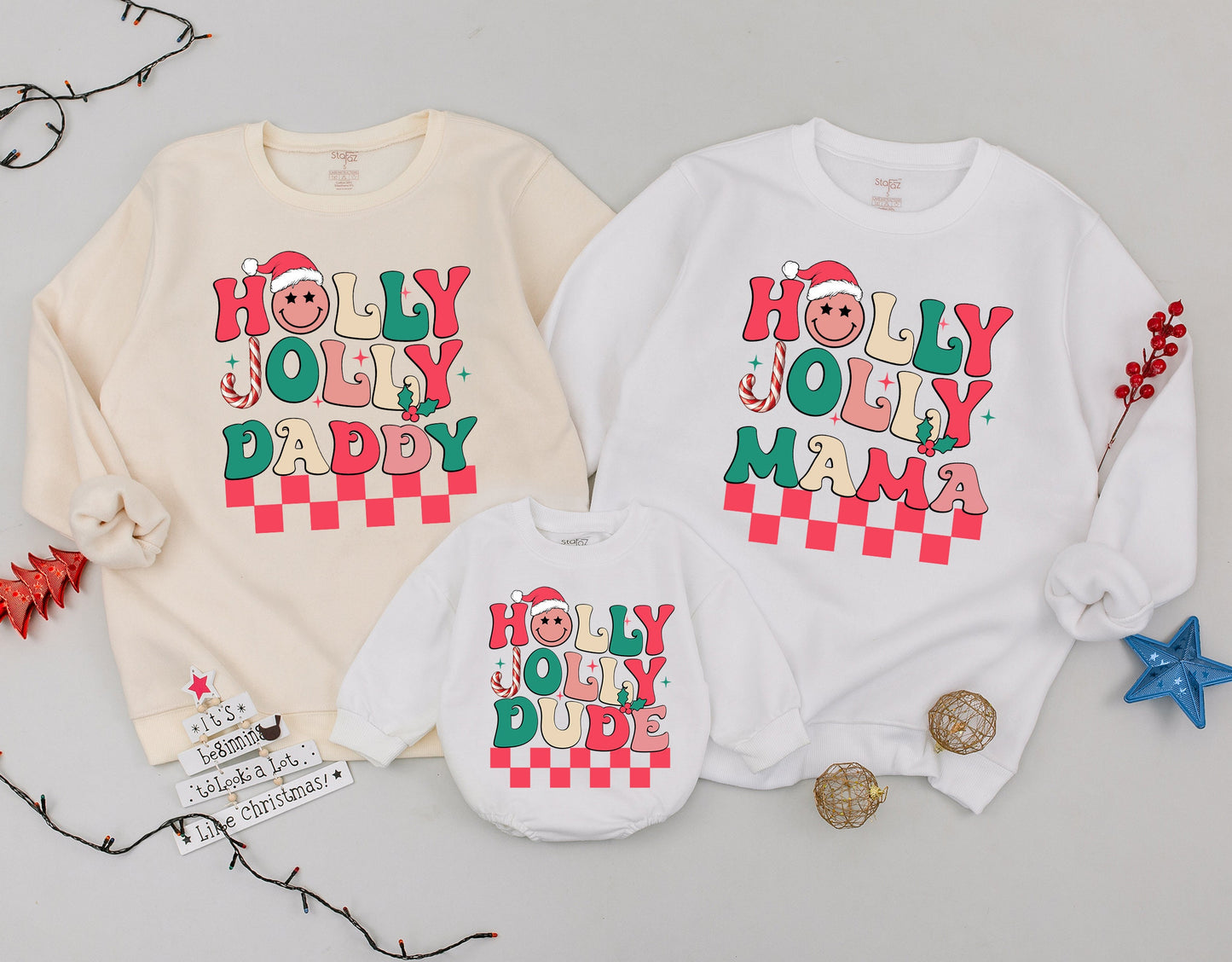 Retro Holly Jolly Matching Family Christmas Sweatshirts Dude, Mama, Daddy Outfit Personalized