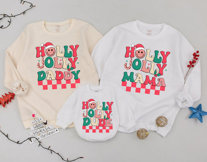 Retro Holly Jolly Matching Family Christmas Sweatshirts Dude, Mama, Daddy Outfit Personalized