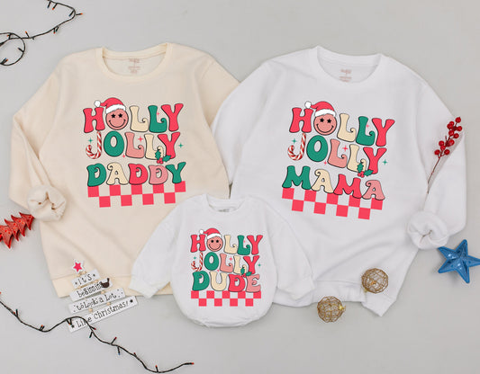 Retro Holly Jolly Matching Family Christmas Sweatshirts Dude, Mama, Daddy Outfit Personalized