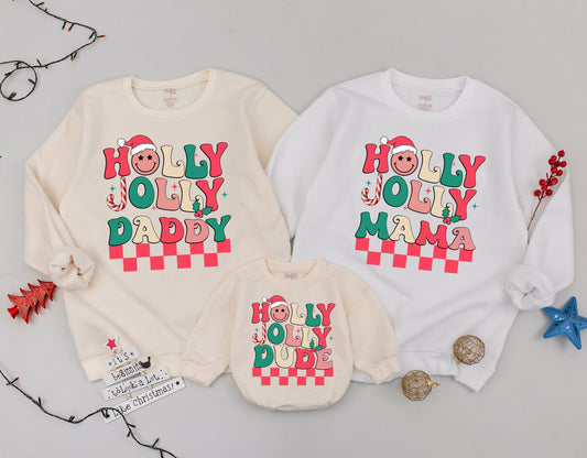 Retro Holly Jolly Matching Family Christmas Sweatshirts Dude, Mama, Daddy Outfit Personalized
