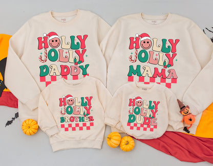 Retro Holly Jolly Matching Family Christmas Sweatshirts Dude, Mama, Daddy Outfit Personalized