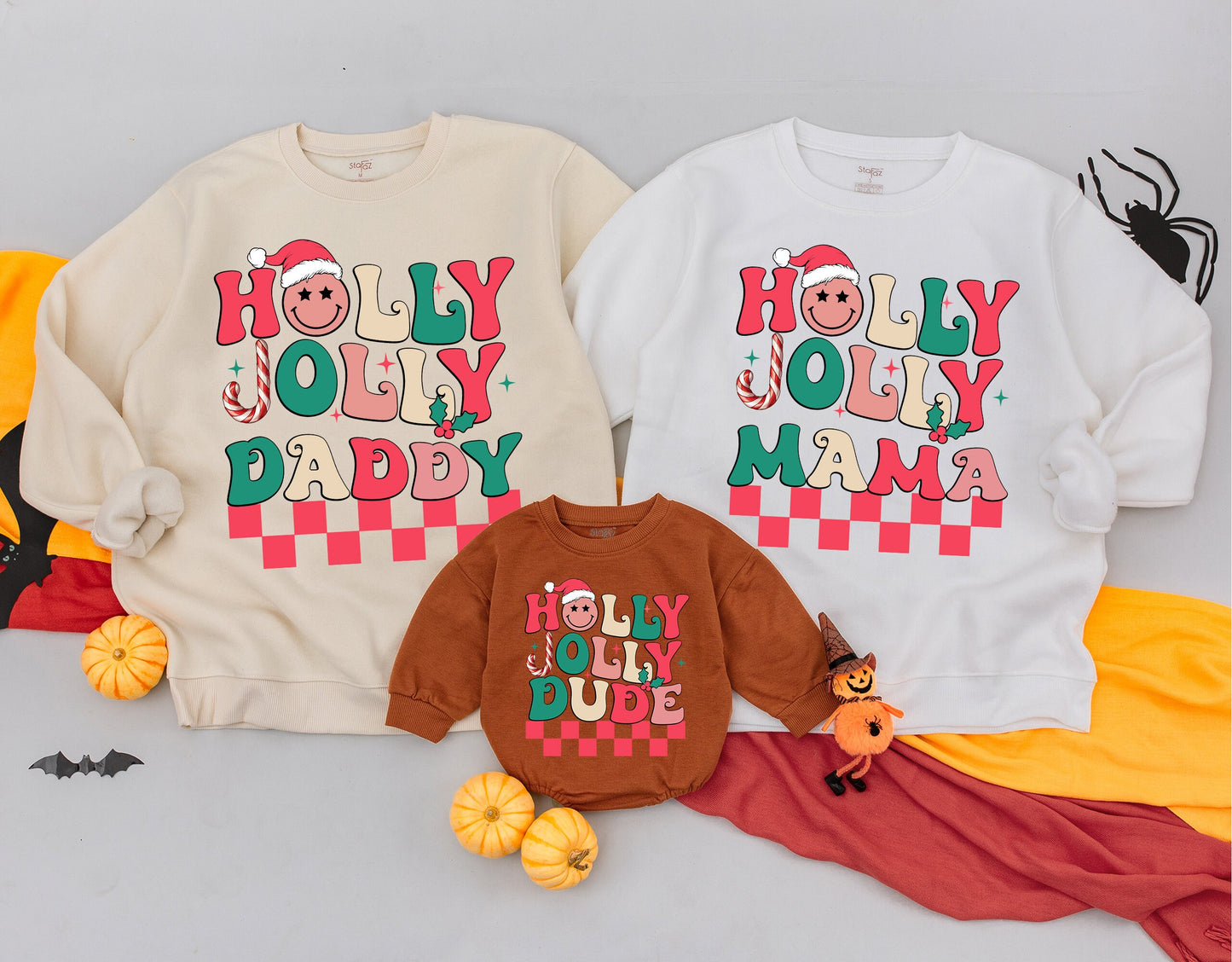 Retro Holly Jolly Matching Family Christmas Sweatshirts Dude, Mama, Daddy Outfit Personalized