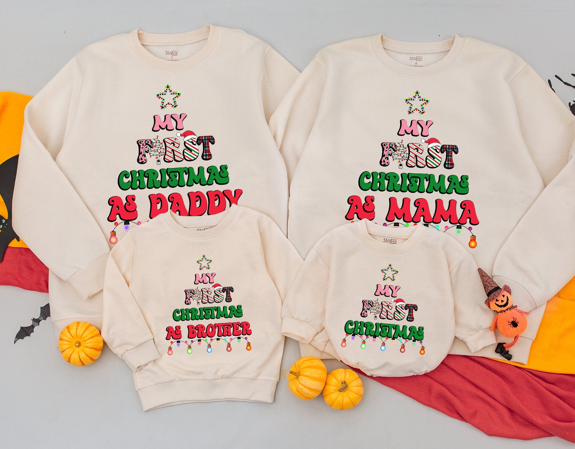 Cheerful My First Christmas Matching Family Sweatshirt Outfit for Baby Daddy Mama with Colorful Star Lights Leopard Print Accents