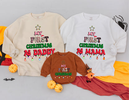 Cheerful My First Christmas Matching Family Sweatshirt Outfit for Baby Daddy Mama with Colorful Star Lights Leopard Print Accents