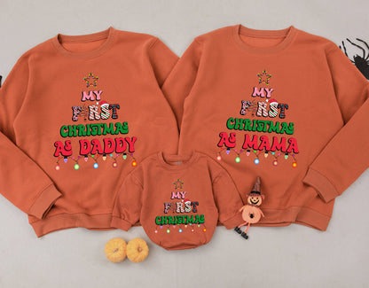 Cheerful My First Christmas Matching Family Sweatshirt Outfit for Baby Daddy Mama with Colorful Star Lights Leopard Print Accents