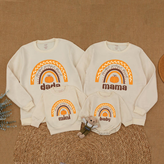 Mommy and Me Thanksgiving Sweatshirt Rainbow Pumpkin Design Thankful Grateful Blessed Family Matching First Holiday Outfits Soft Comfortable