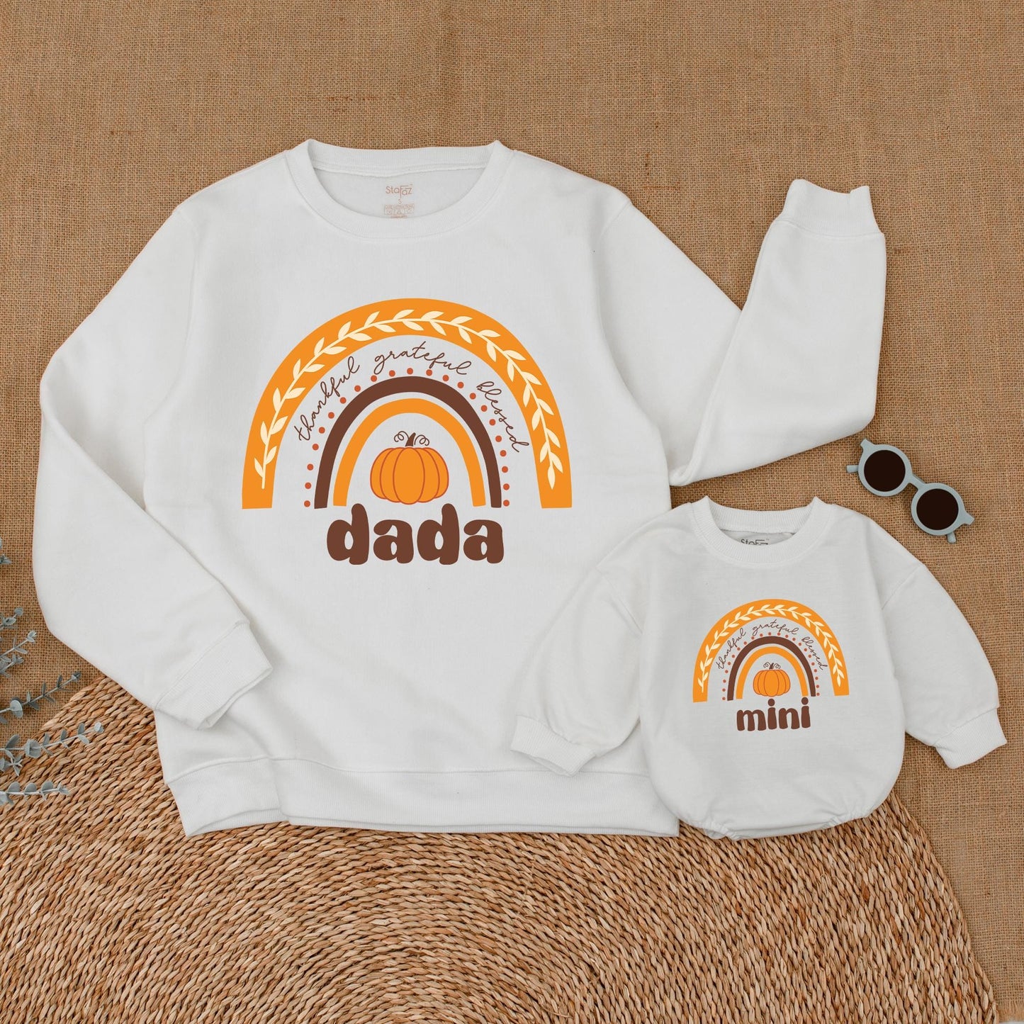Mommy and Me Thanksgiving Sweatshirt Rainbow Pumpkin Design Thankful Grateful Blessed Family Matching First Holiday Outfits Soft Comfortable