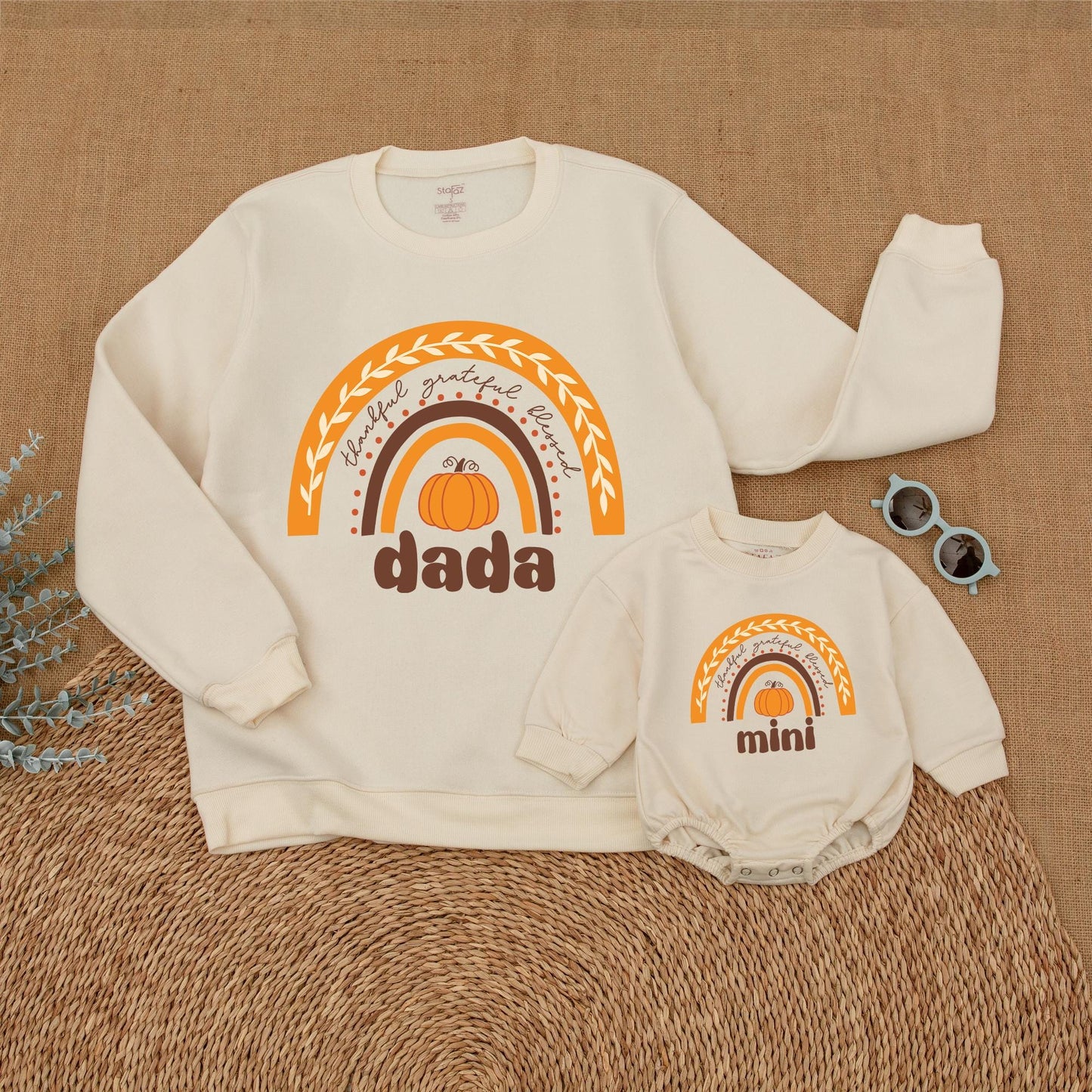Mommy and Me Thanksgiving Sweatshirt Rainbow Pumpkin Design Thankful Grateful Blessed Family Matching First Holiday Outfits Soft Comfortable