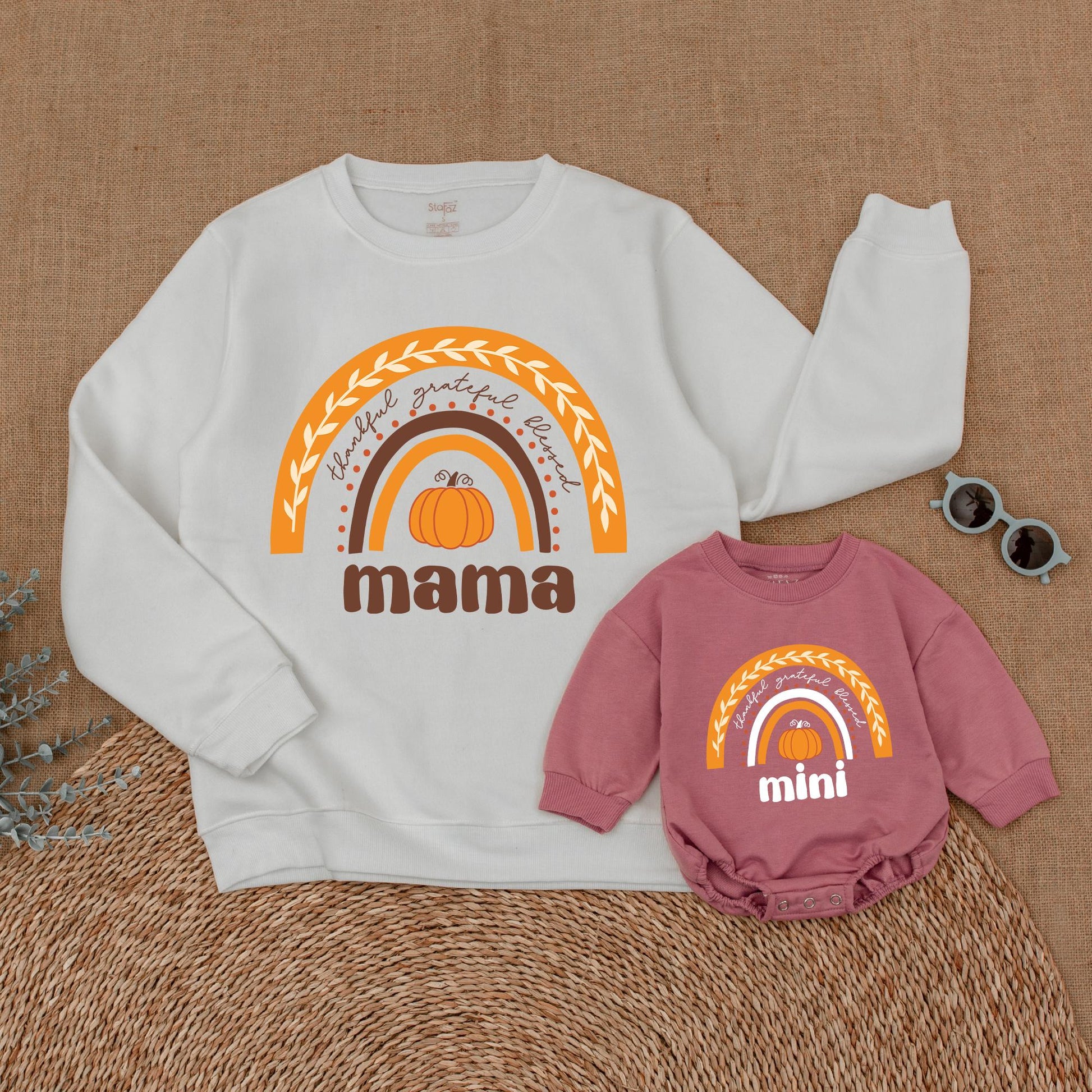 Mommy and Me Thanksgiving Sweatshirt Rainbow Pumpkin Design Thankful Grateful Blessed Family Matching First Holiday Outfits Soft Comfortable