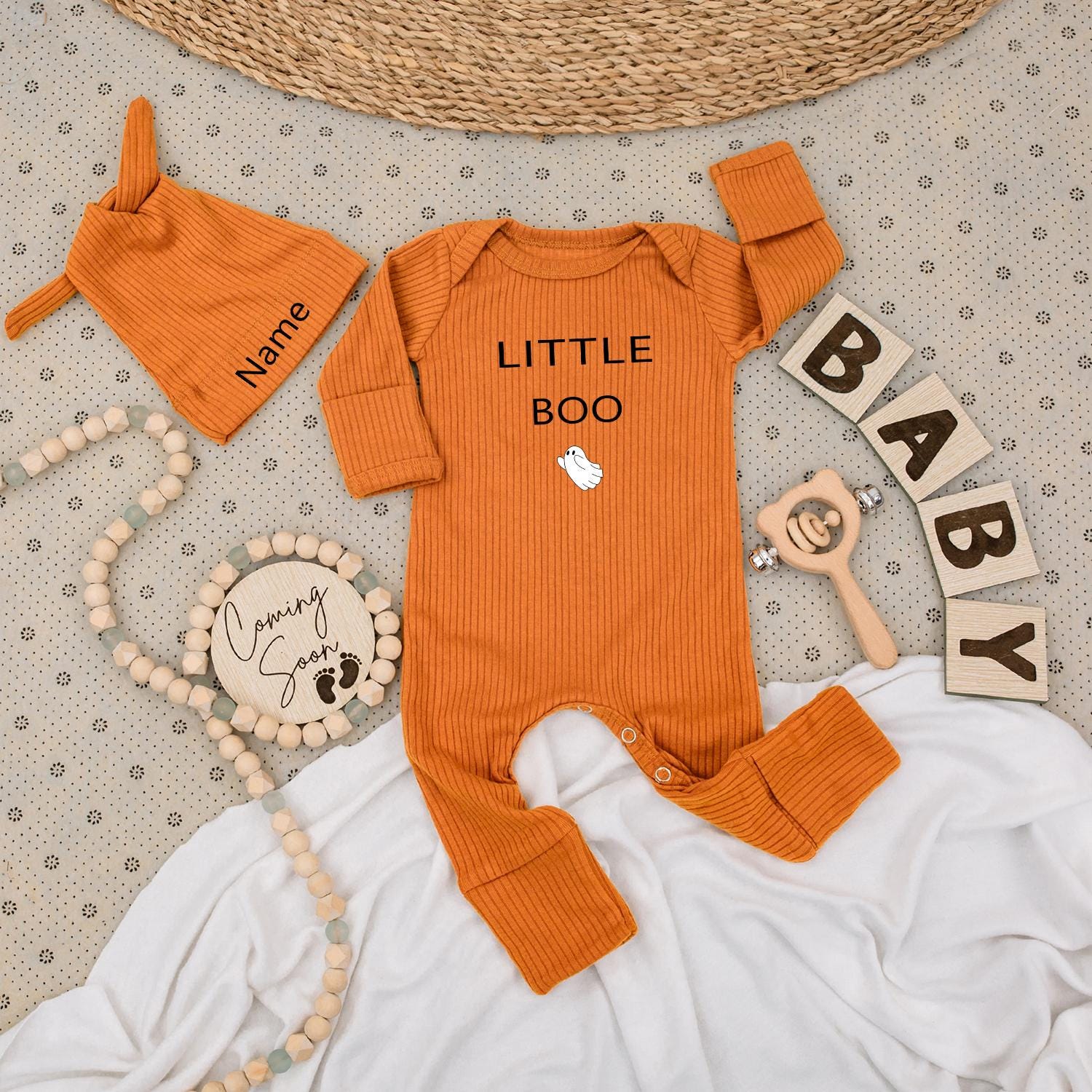 Little Boo Baby Bodysuit & Hat Set, Spooky Cute Halloween Outfit, Custom Name Romper, Ghost Jumpsuit, Fall Newborn Clothes, Perfect Baby Shower Gift (139)