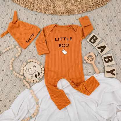 Little Boo Baby Bodysuit & Hat Set, Spooky Cute Halloween Outfit, Custom Name Romper, Ghost Jumpsuit, Fall Newborn Clothes, Perfect Baby Shower Gift (139)