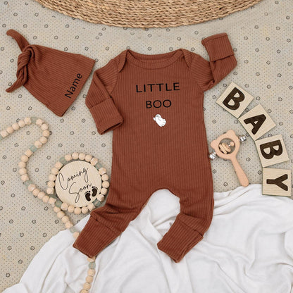 Little Boo Baby Bodysuit & Hat Set, Spooky Cute Halloween Outfit, Custom Name Romper, Ghost Jumpsuit, Fall Newborn Clothes, Perfect Baby Shower Gift (139)