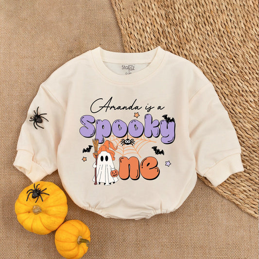 Amanda is a Spooky One Halloween Baby Romper, Cute Ghost, Orange Hat, Spider Web, Bats, Stars, Funny Infant Outfit, Gift