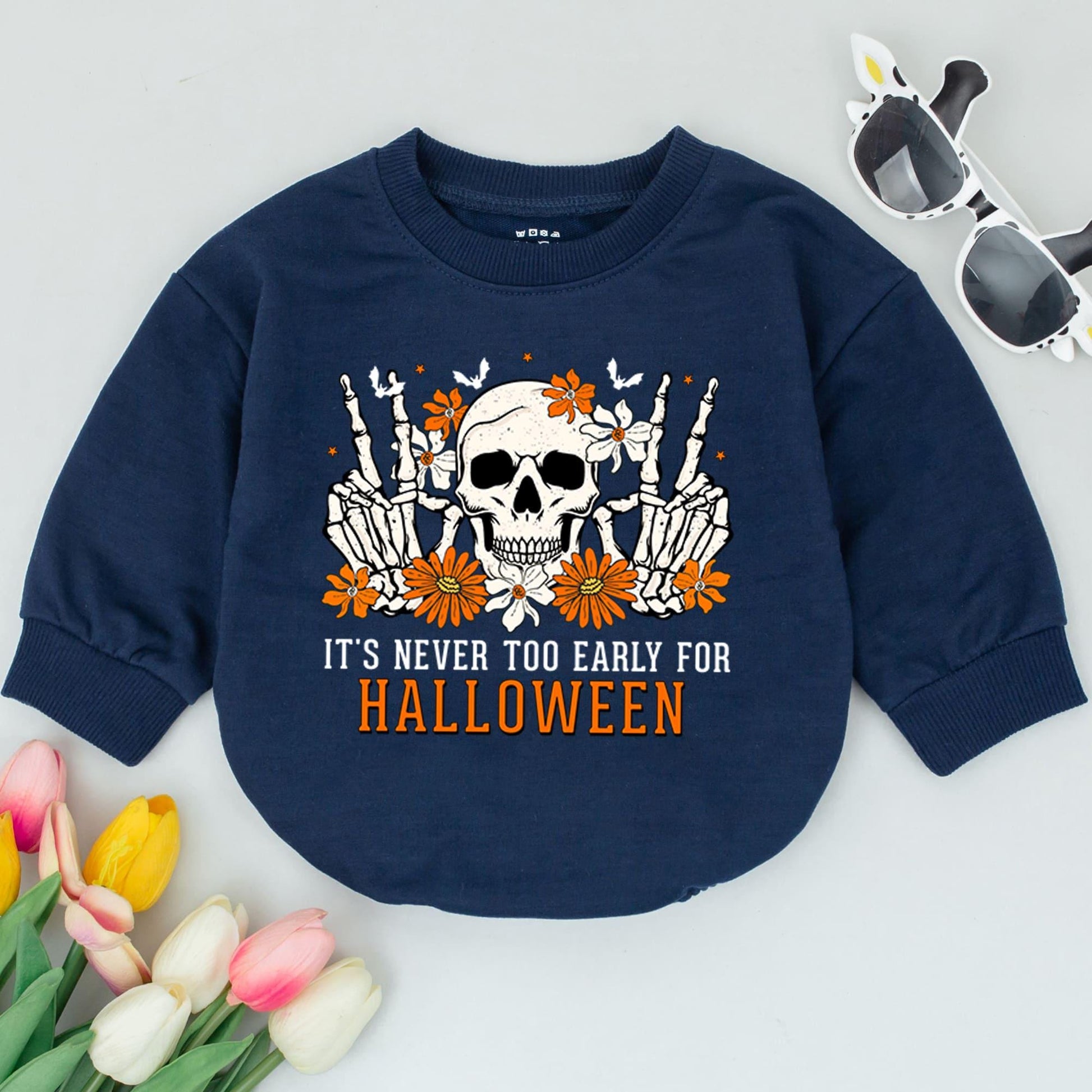 Cute Halloween Baby Romper Skeleton Peace Sign Flowers "It's Never Too Early For Halloween" Orange White Infant Bodysuit First Halloween Outfit
