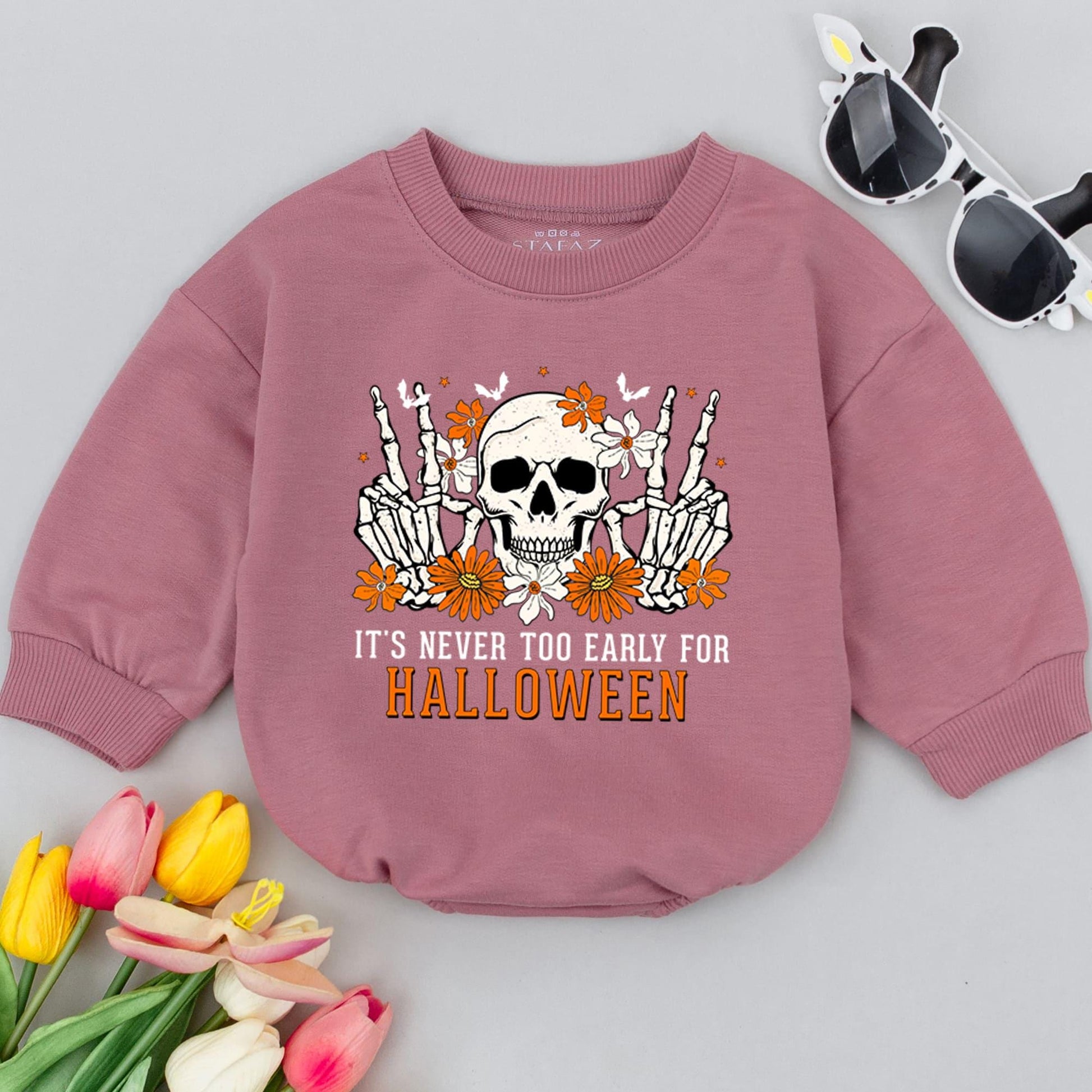 Cute Halloween Baby Romper Skeleton Peace Sign Flowers "It's Never Too Early For Halloween" Orange White Infant Bodysuit First Halloween Outfit