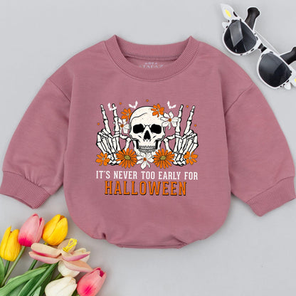 Cute Halloween Baby Romper Skeleton Peace Sign Flowers "It's Never Too Early For Halloween" Orange White Infant Bodysuit First Halloween Outfit