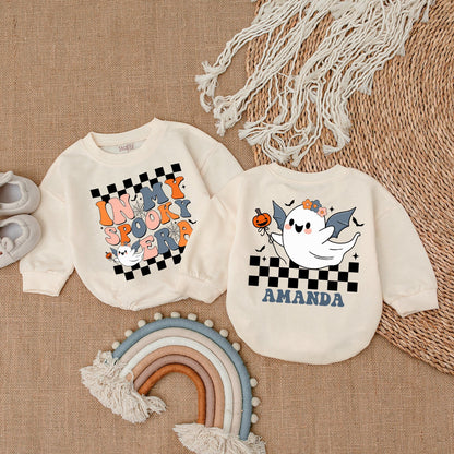 Spooky Era Baby Bodysuit Retro Ghost Outfit, First Halloween Romper for Baby Amanda, Groovy Fall Clothes with Pumpkins and Bats (137 chars)