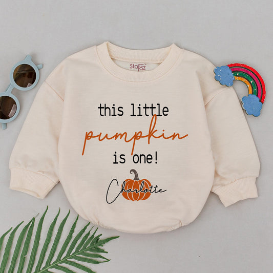 Personalized This Little Pumpkin Is One Romper Charlotte Baby Girl First Birthday Outfit Retro Thanksgiving Gift Shower