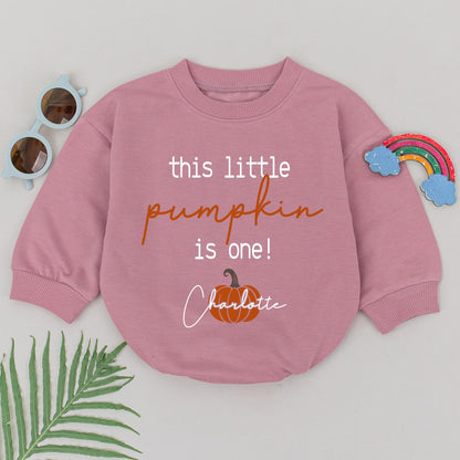 Personalized This Little Pumpkin Is One Romper Charlotte Baby Girl First Birthday Outfit Retro Thanksgiving Gift Shower