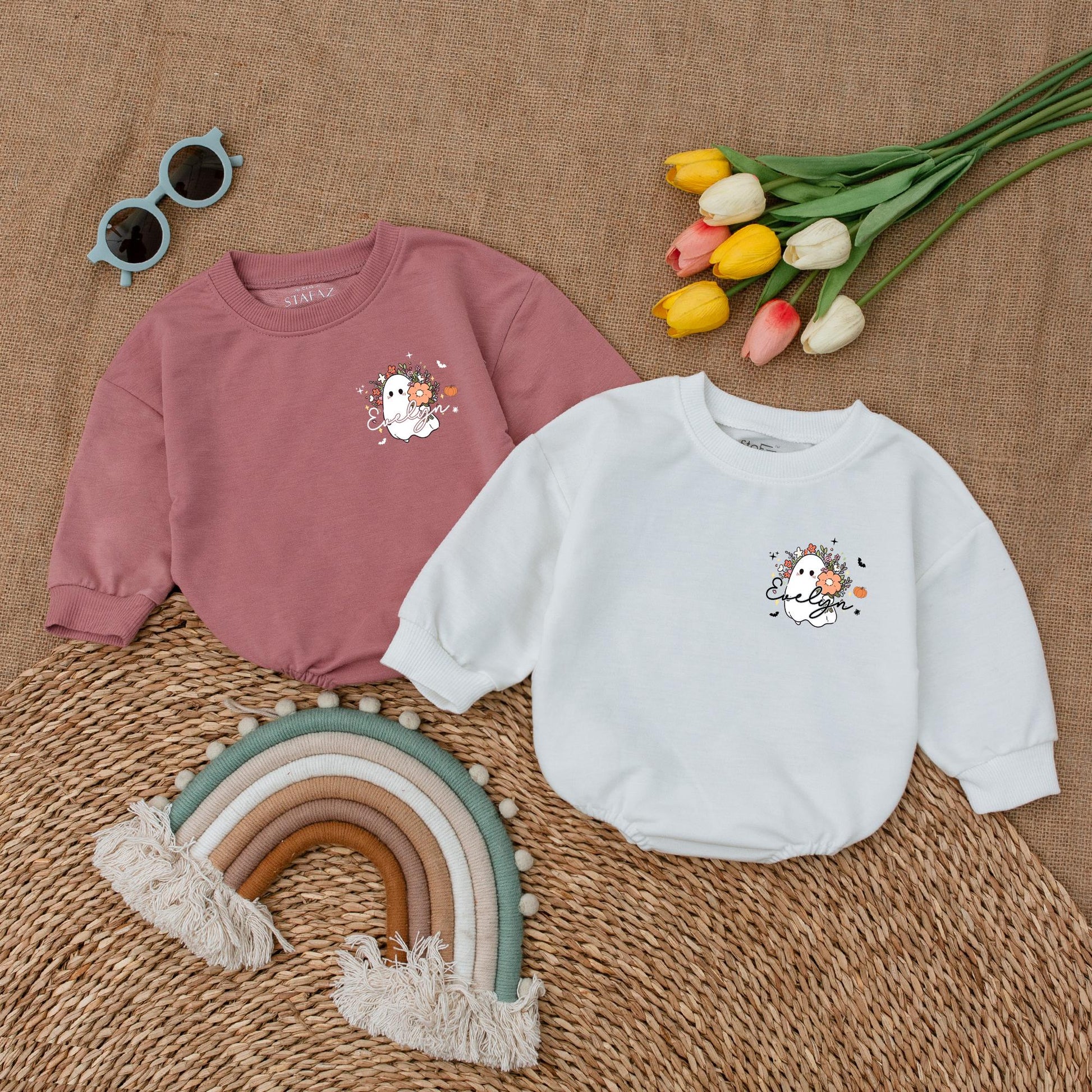 Personalized My First Halloween Romper Set, Evelyn's Spooky Debut, Ghost & Pumpkins Baby Outfit, Fall Bodysuit, Custom Spooky Season Baby Shower Gift