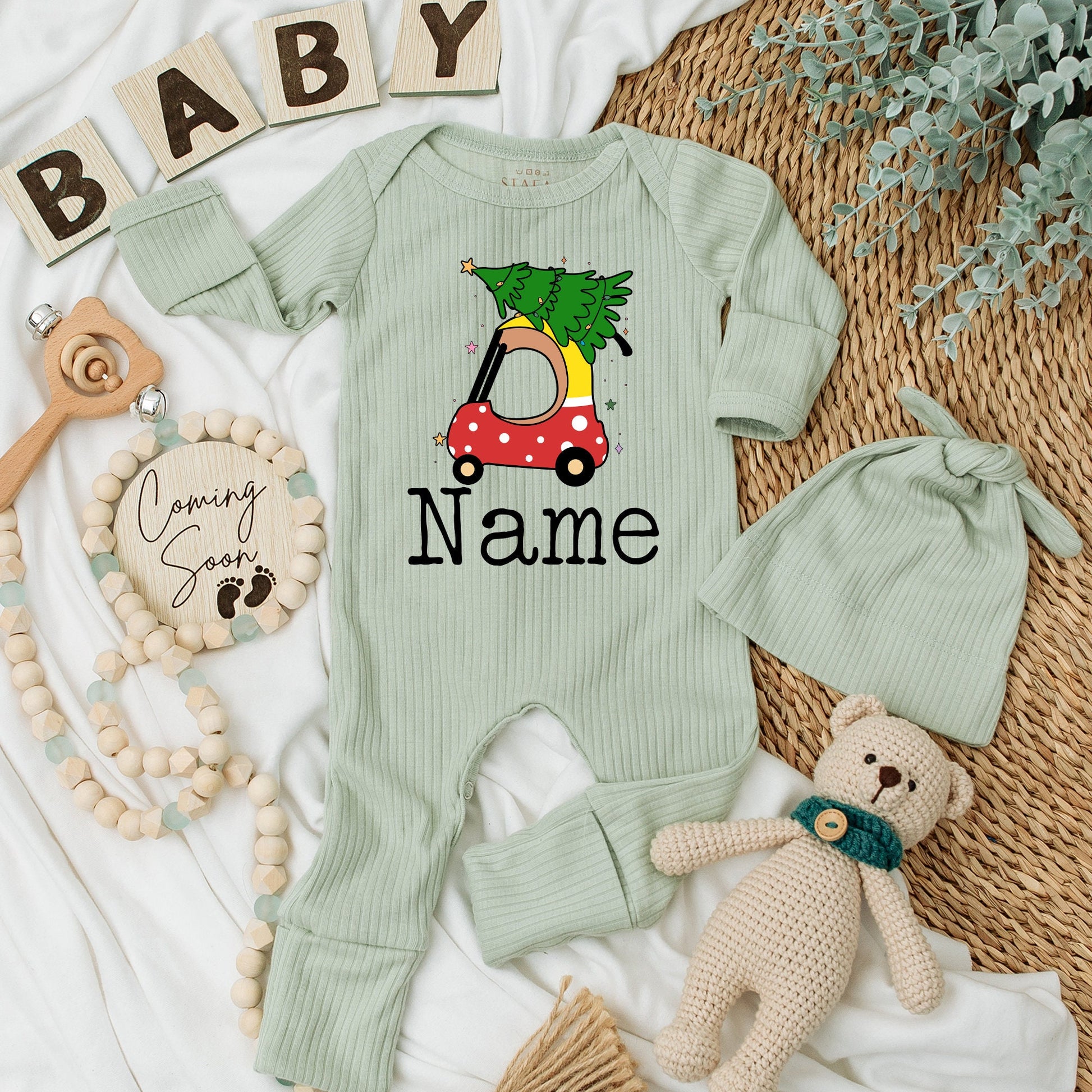 Personalized Christmas Car Baby Bodysuit Set, Red Polka Dot Holiday Romper, Custom Name First Xmas Outfit, Infant Boy Girl Clothes, Shower Gift 136 chars
