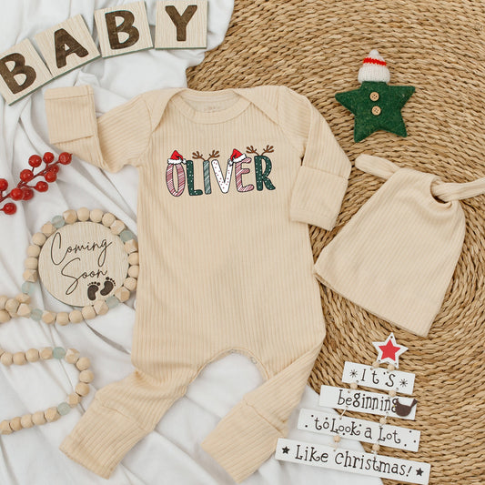 Personalized Xmas Baby Bodysuit Hat Set, Unisex Holiday Romper Gift