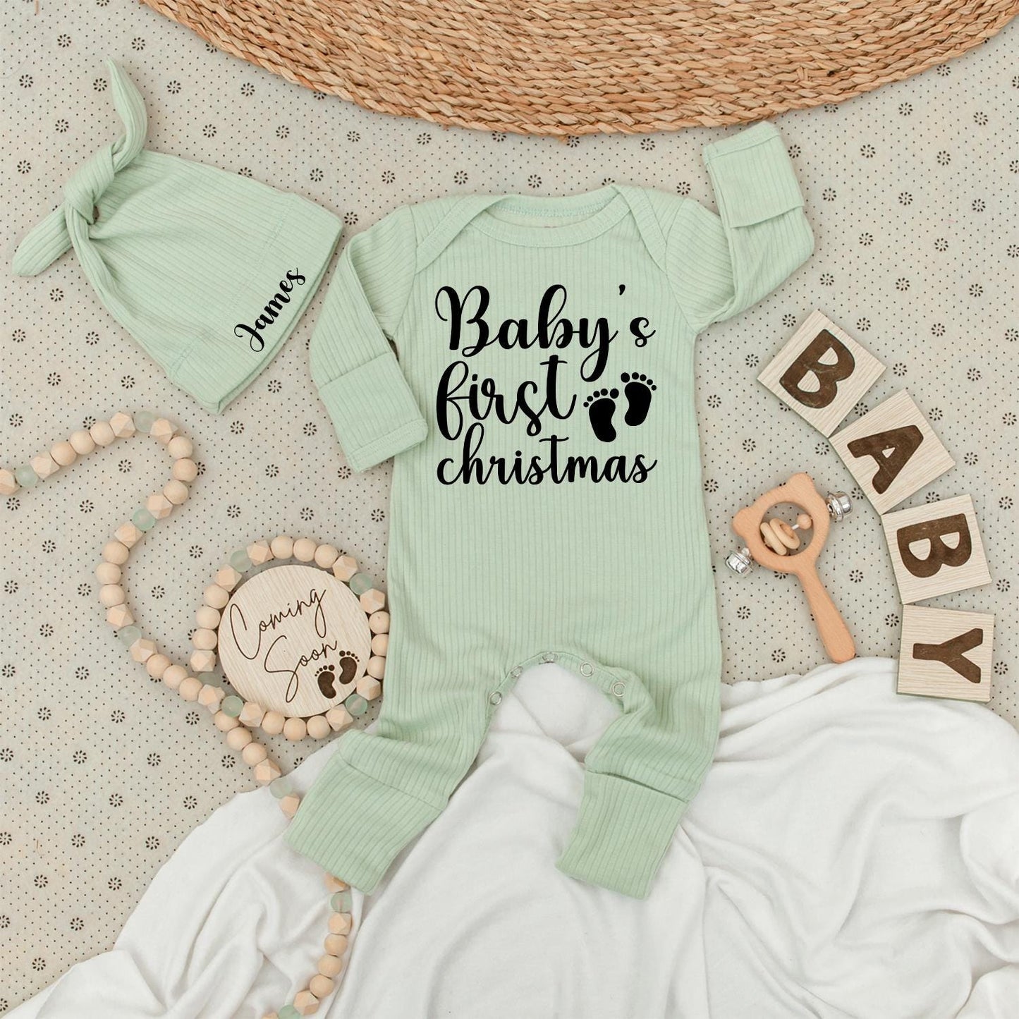 Baby's First Christmas Long Sleeve Romper, Whimsical Cursive Design, Newborn Holiday Gift, Footprint Accents, Soft Cotton Baby Clothes