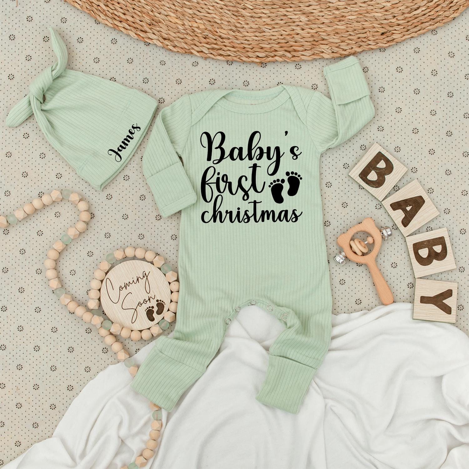 Baby's First Christmas Long Sleeve Romper, Whimsical Cursive Design, Newborn Holiday Gift, Footprint Accents, Soft Cotton Baby Clothes