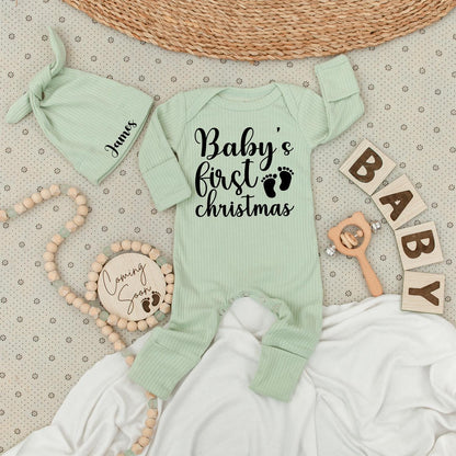 Baby's First Christmas Long Sleeve Romper, Whimsical Cursive Design, Newborn Holiday Gift, Footprint Accents, Soft Cotton Baby Clothes