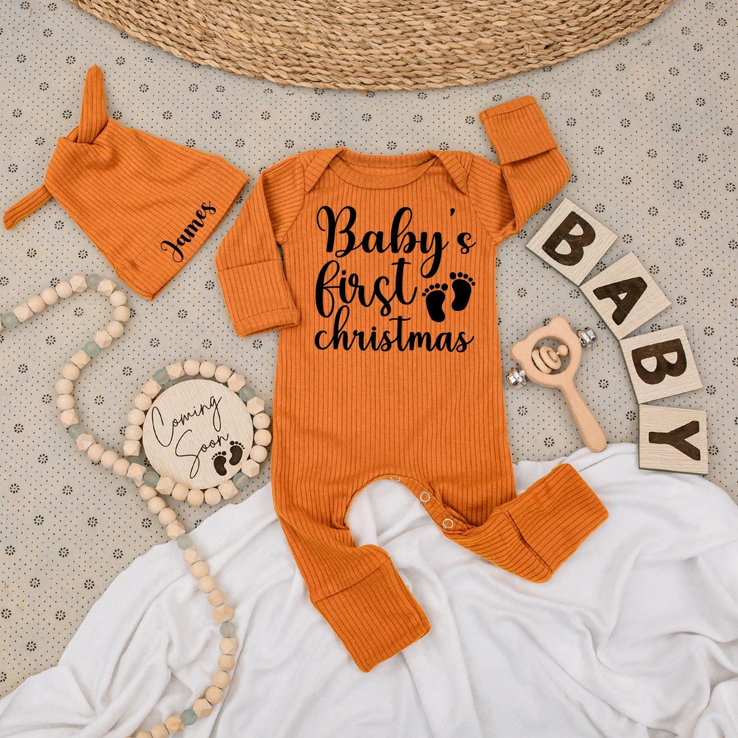 Baby's First Christmas Long Sleeve Romper, Whimsical Cursive Design, Newborn Holiday Gift, Footprint Accents, Soft Cotton Baby Clothes