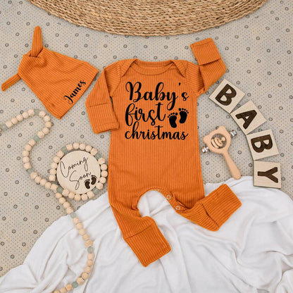 Baby's First Christmas Long Sleeve Romper, Whimsical Cursive Design, Newborn Holiday Gift, Footprint Accents, Soft Cotton Baby Clothes