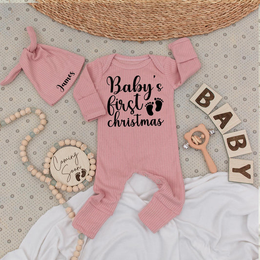 Baby's First Christmas Long Sleeve Romper, Whimsical Cursive Design, Newborn Holiday Gift, Footprint Accents, Soft Cotton Baby Clothes