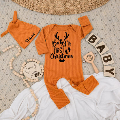 Baby's First Christmas Romper - Soft Newborn Outfit with Antlers & Footprints, Holiday Gift for Boys & Girls, Cute Going Home Outfit 135char