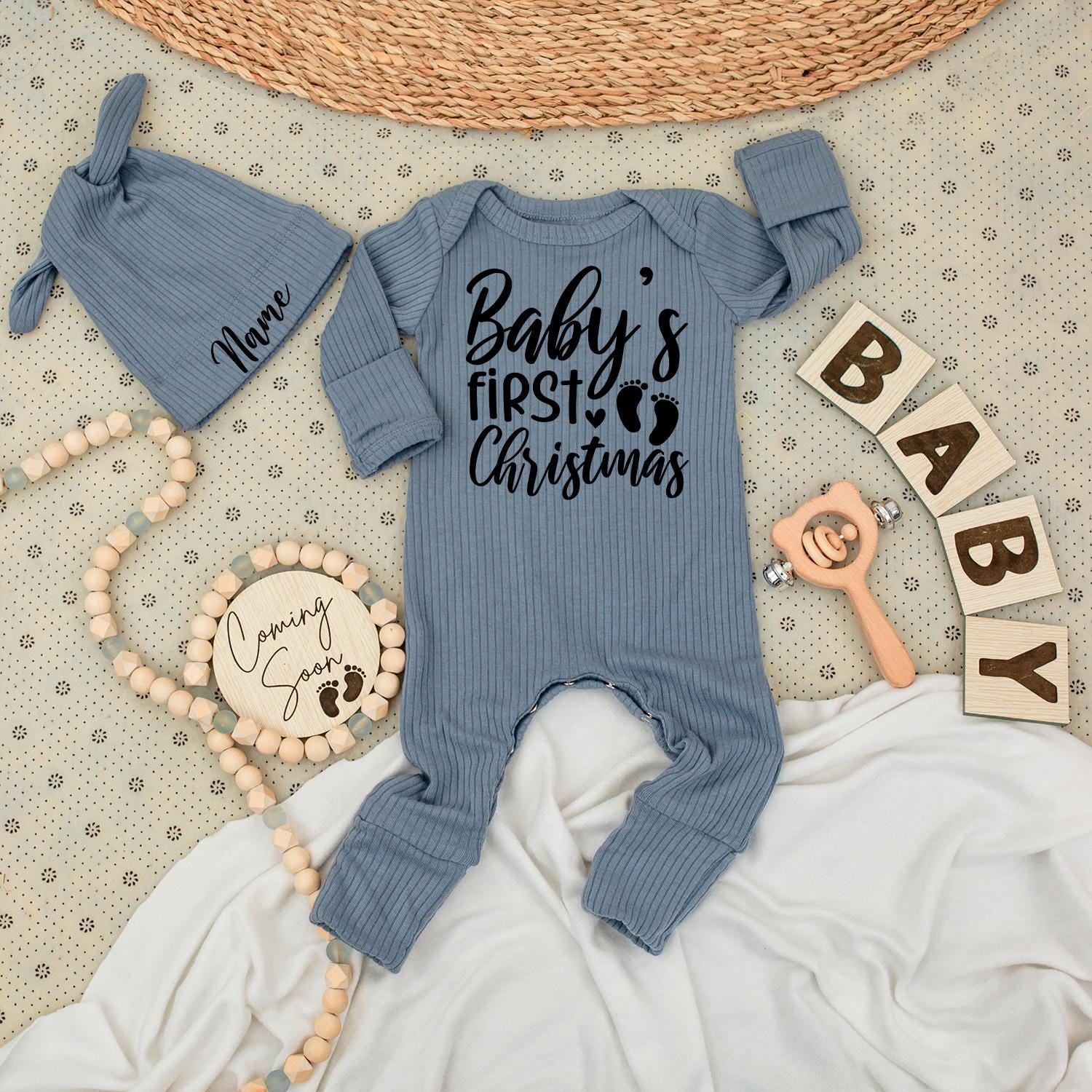 Baby's First Christmas Romper - Soft Newborn Going Home Outfit with Minimalist Footprints, Modern Holiday Bodysuit, Unisex Christmas Gift 138