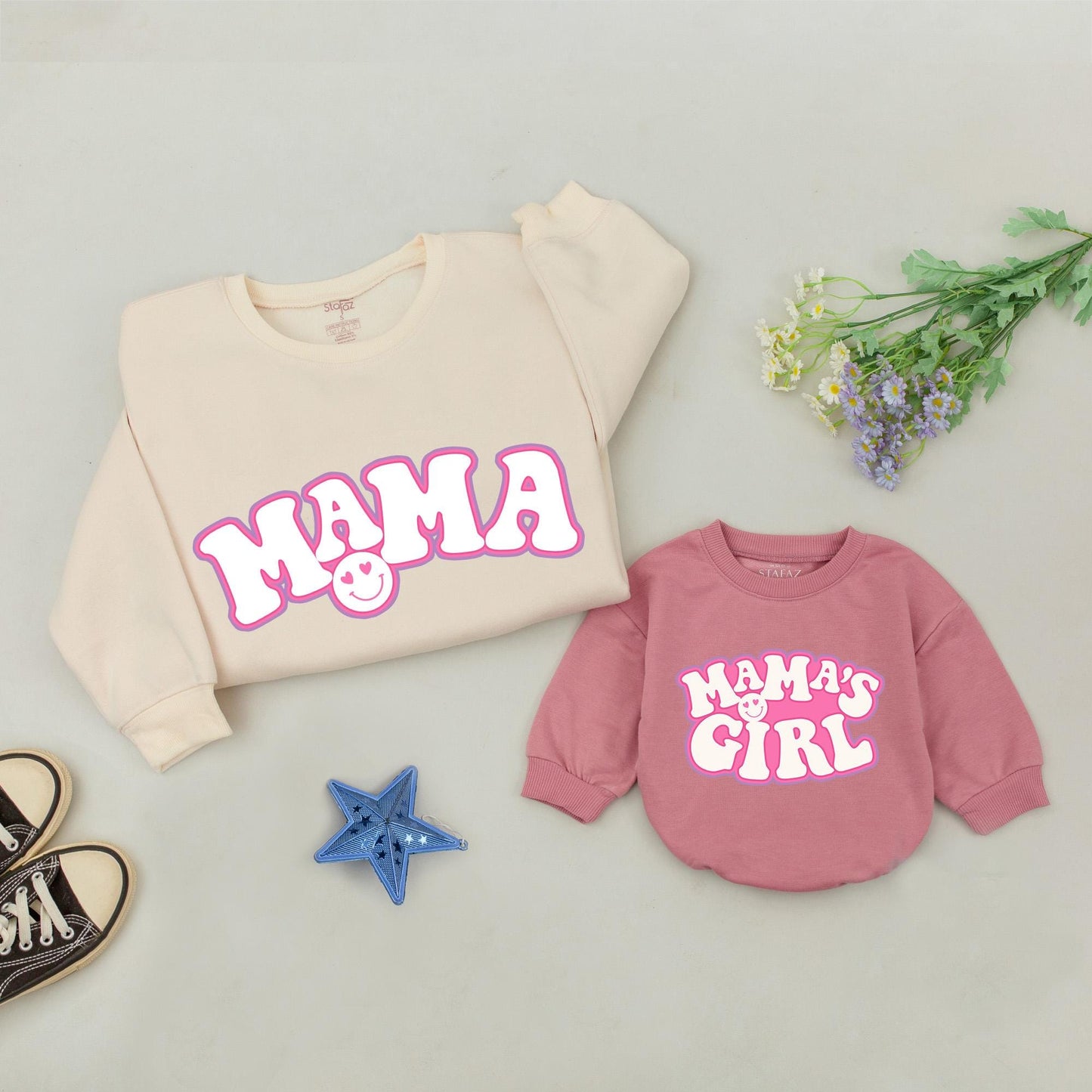 Retro Mama and Me Matching Sweatshirts: Girl Mama's Girl Outfits with Heart Eyes Smiley, Fall Family Style, Baby Shower Gift Sets, Mom and Daughter